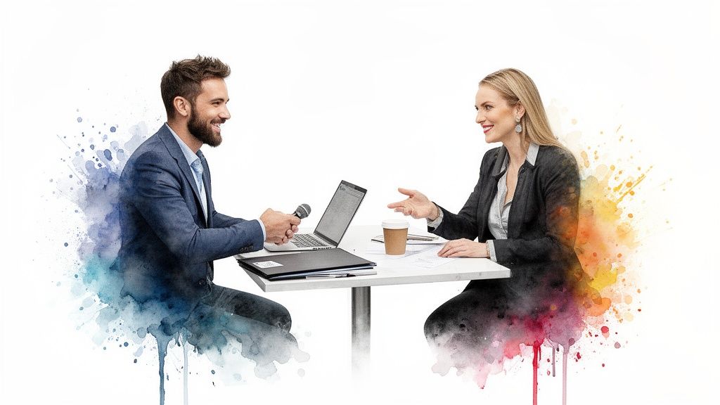 Mann interviewt lächelnde Frau mit Mikrofon und Laptop an einem Tisch mit bunten Aquarellspritzern.