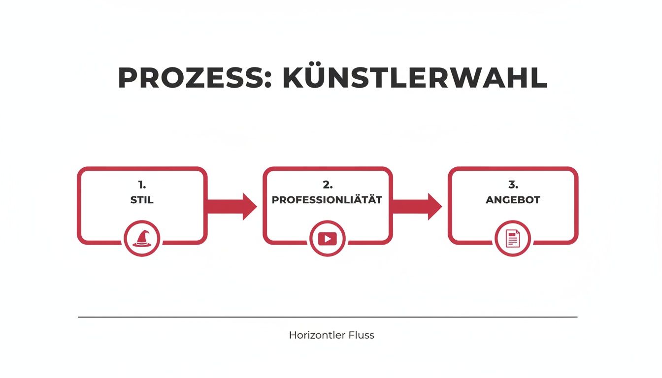 Flussdiagramm zum Künstlerwahlprozess mit Schritten wie Stil, Professionalität und Angebot für einen Zauberer.