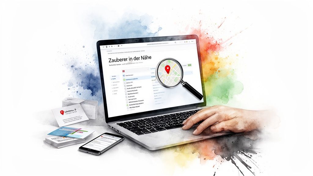 Laptop zeigt Suchergebnisse für Zauberer in der Nähe, ergänzt durch Smartphone und Visitenkarten mit Standort-Pin.