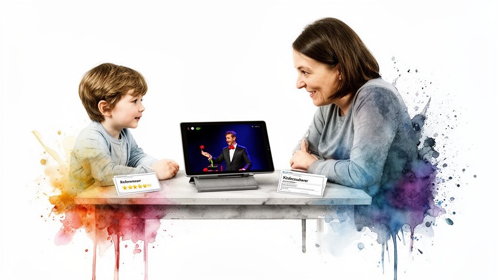 Ein Junge und eine Frau beobachten einen Zauberer auf einem Tablet, umgeben von bunten Farbklecksen.