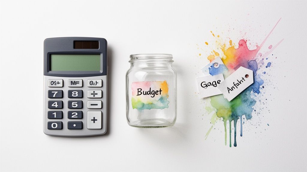 Ein Taschenrechner, ein Glas mit 'Budget' und Preisschilder für 'Gage' und 'Anfahrt' vor einem farbigen Hintergrund.