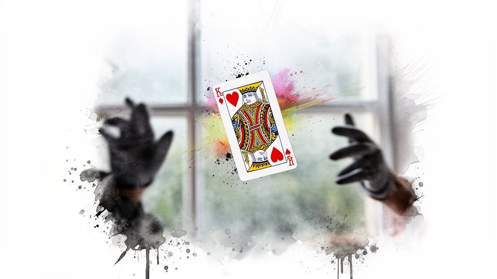 Eine König-der-Herzen-Spielkarte schwebt zwischen zwei behandschuhten Händen, umgeben von Farbspritzern.