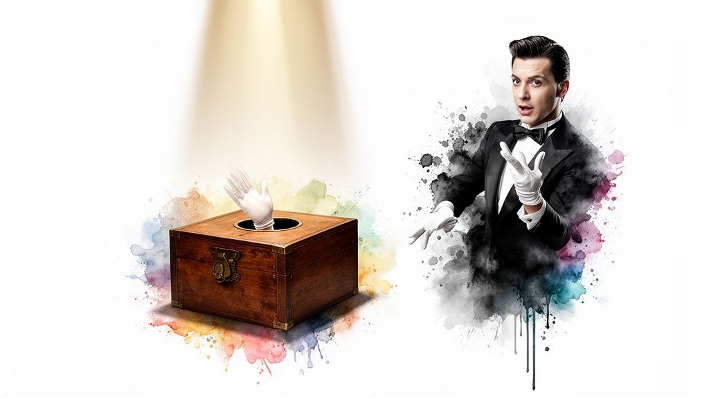 Ein Magier in Frack und weißen Handschuhen mit einer Hand, die aus einer Holzkiste kommt.