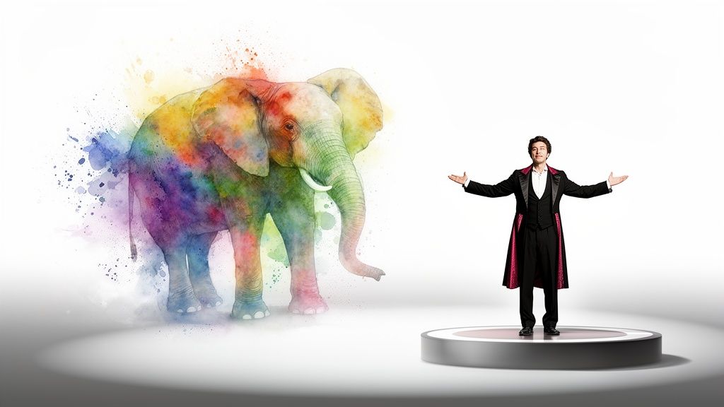 Ein Mann im Magierkostüm steht auf einer Bühne neben einem farbenfrohen Aquarell-Elefanten.