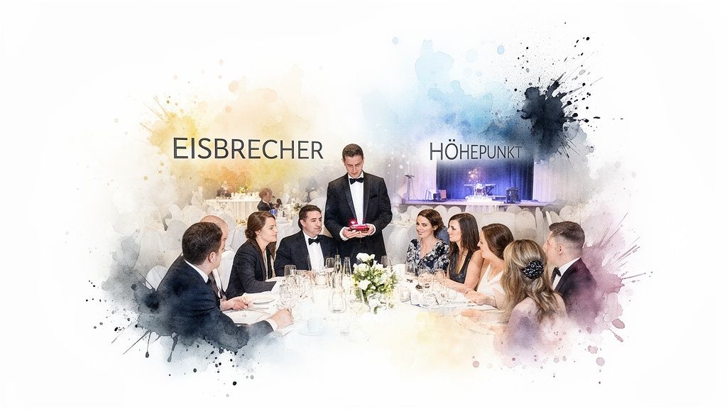 Elegante Gäste bei einem festlichen Event, ein Mann im Smoking präsentiert einen roten Gegenstand am Tisch.