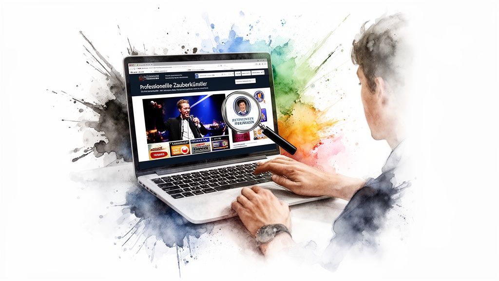 Person am Laptop sucht professionelle Zauberkünstler auf einer Webseite mit bunten Farbklecksen im Hintergrund.