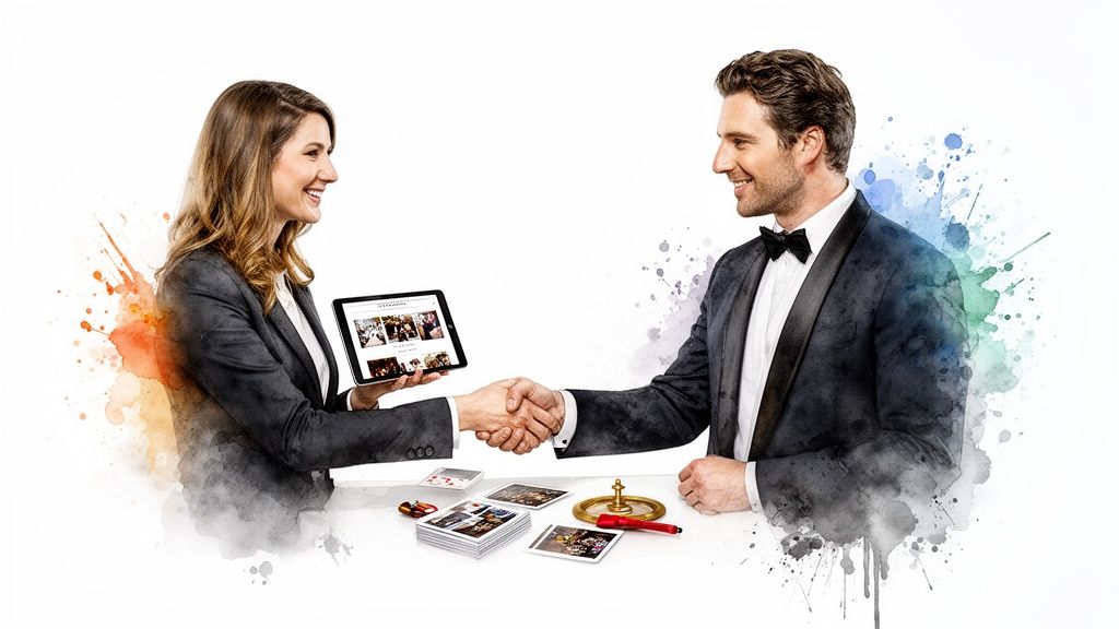 Geschäftspartner reichen sich die Hände, die Frau zeigt Inhalte auf einem Tablet. Aquarell-Effekt für Zauberer.