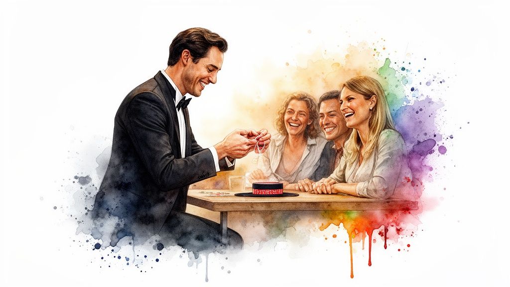 Ein lächelnder Zauberer in einem Smoking führt einen Trick für drei lachende Zuschauer an einem Tisch vor, im Aquarellstil.