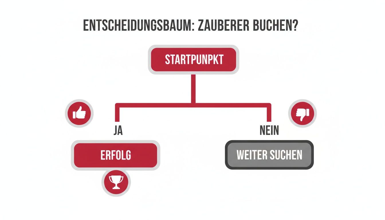 Ein Entscheidungsbaum mit dem Titel 'Zauberer buchen?'. Er zeigt Optionen wie 'Ja' für Erfolg und 'Nein' für Weitersuchen.