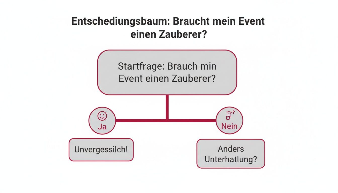 Entscheidungsbaum zur Frage, ob ein Event einen Zauberer benötigt, mit Ja/Nein-Optionen und Ergebnissen.