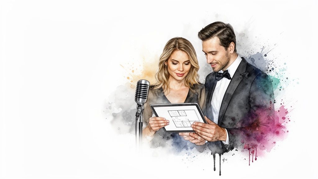 Mann und Frau betrachten einen Tablet-PC mit Grundriss, im Aquarellstil dargestellt, mit Mikrofon.