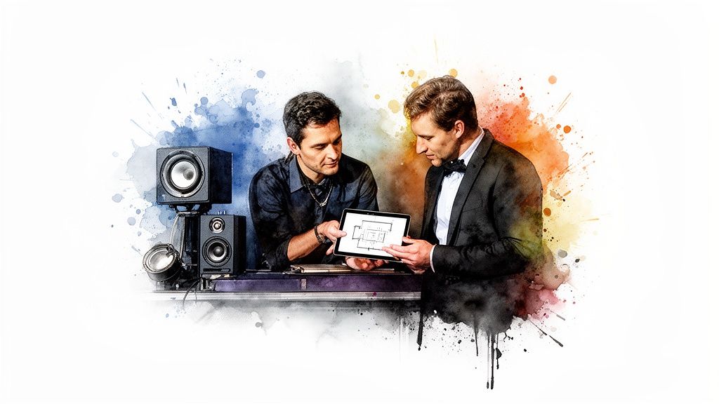 Zwei Männer begutachten einen Grundriss auf einem Tablet, umgeben von technischem Equipment.