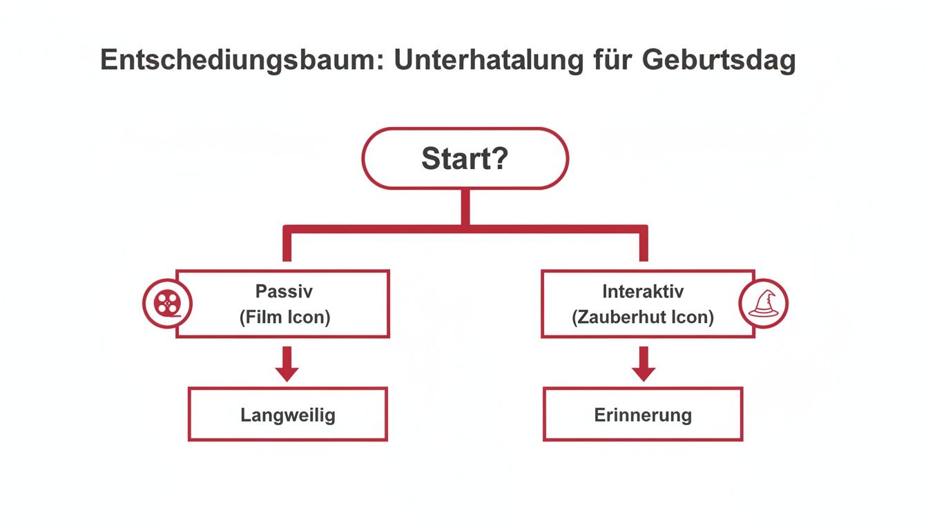 Entscheidungsbaum zur Geburtstagsunterhaltung: Passiv führt zu Langeweile, während Interaktiv (mit Zauberhut) Erinnerungen schafft.