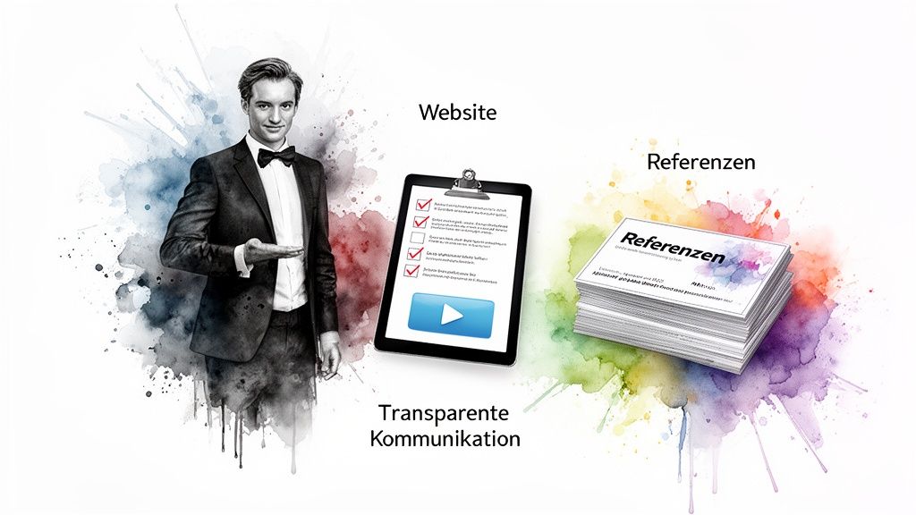 Ein Zauberer präsentiert Webseite, transparente Kommunikation und Referenzen im Aquarell-Stil.