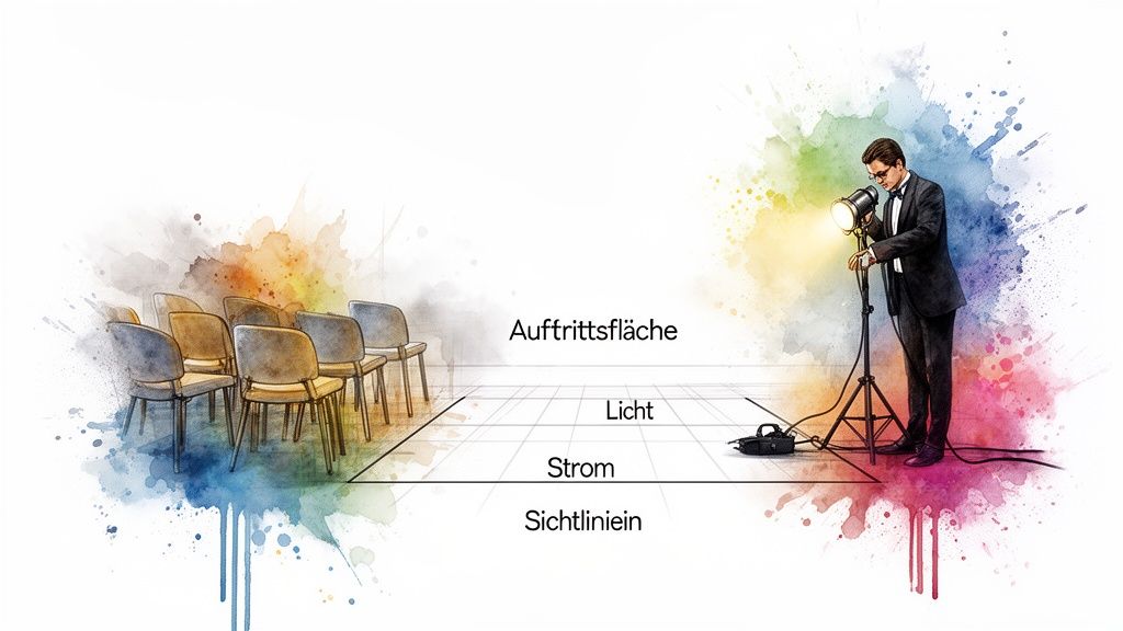 Ein Mann im Anzug justiert einen Scheinwerfer auf einer Bühne mit markierten Bereichen für Licht, Strom und Sichtlinie, im Aquarellstil.