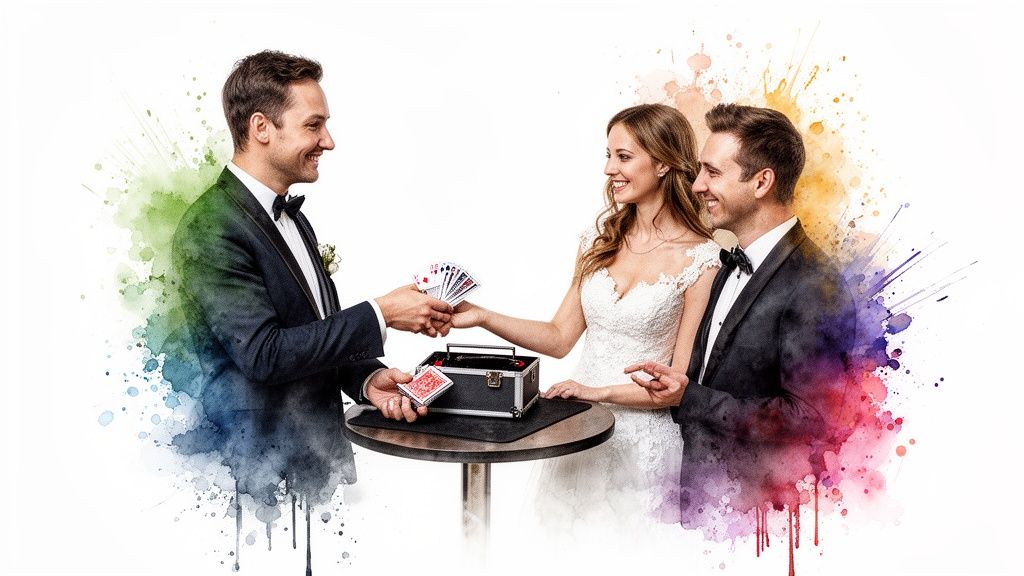 Ein lächelnder Zauberer führt einen Kartentrick für ein Brautpaar auf einer Hochzeit vor, mit bunten Aquarell-Effekten.