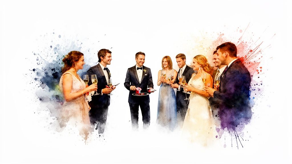 Gruppe fröhlicher Hochzeitsgäste mit Champagnergläsern und einem Zauberer, dargestellt in einem Aquarell-Stil.