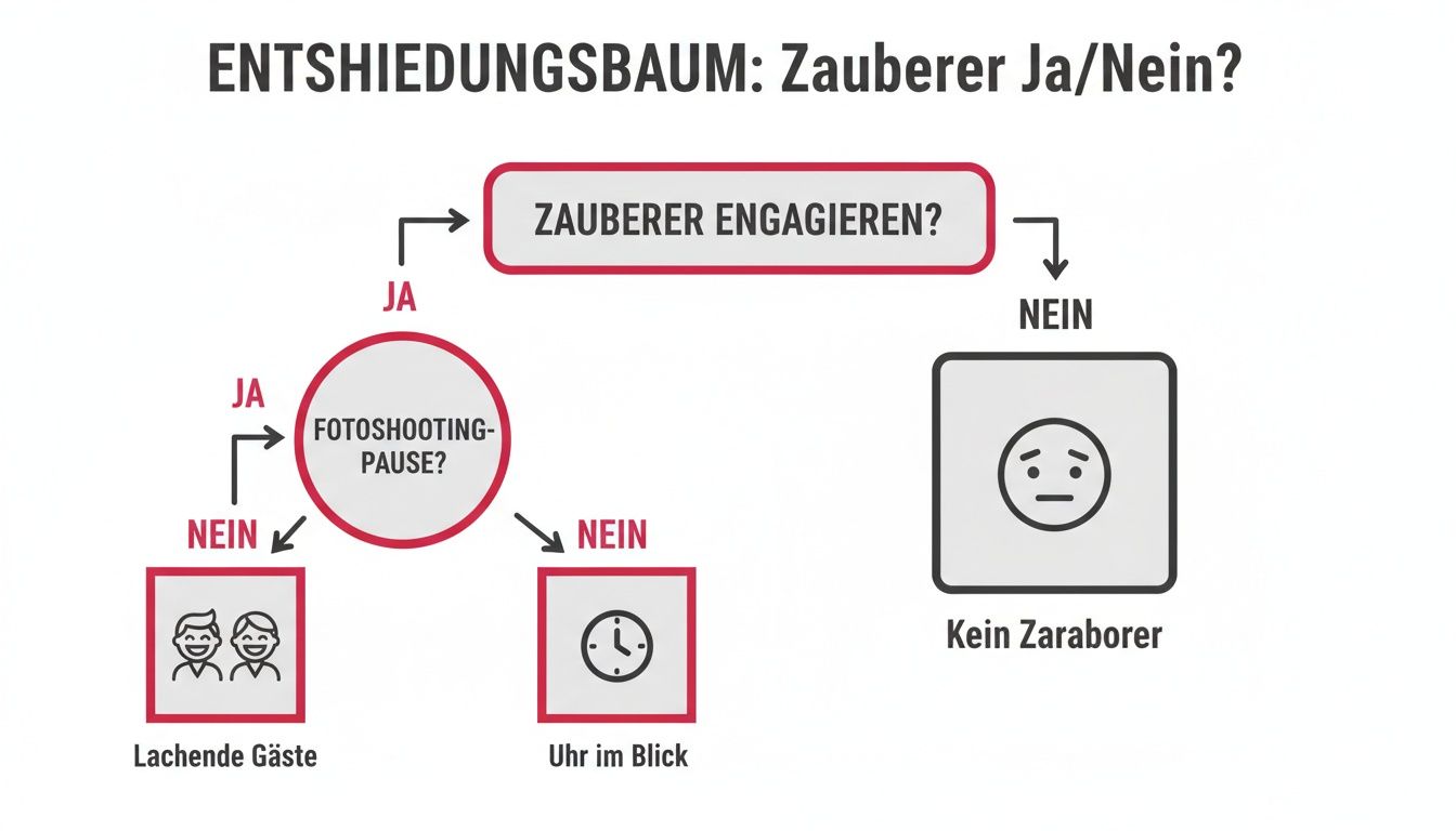 Entscheidungsbaum zur Frage, ob ein Zauberer engagiert werden soll, und dessen Auswirkungen auf Gäste und Zeit.