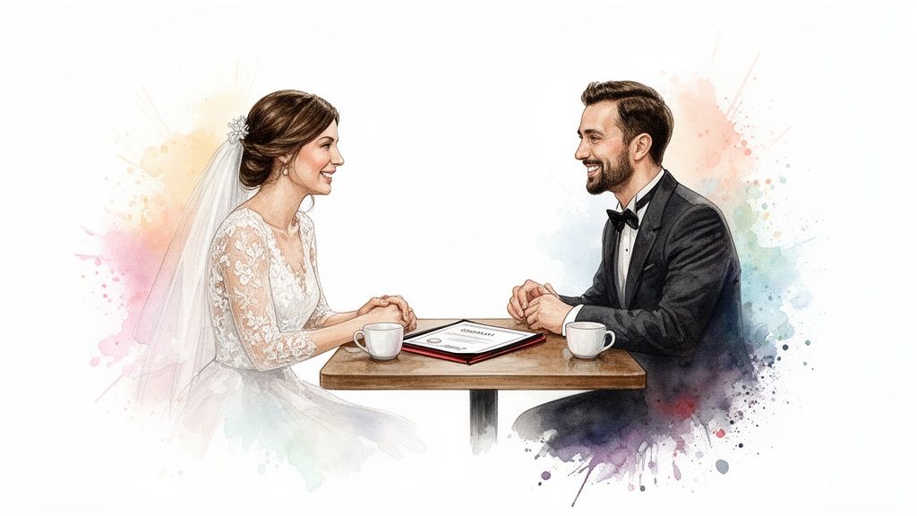 Glückliches Brautpaar sitzt lächelnd an einem Tisch, zwischen ihnen eine Heiratsurkunde, im Aquarellstil.