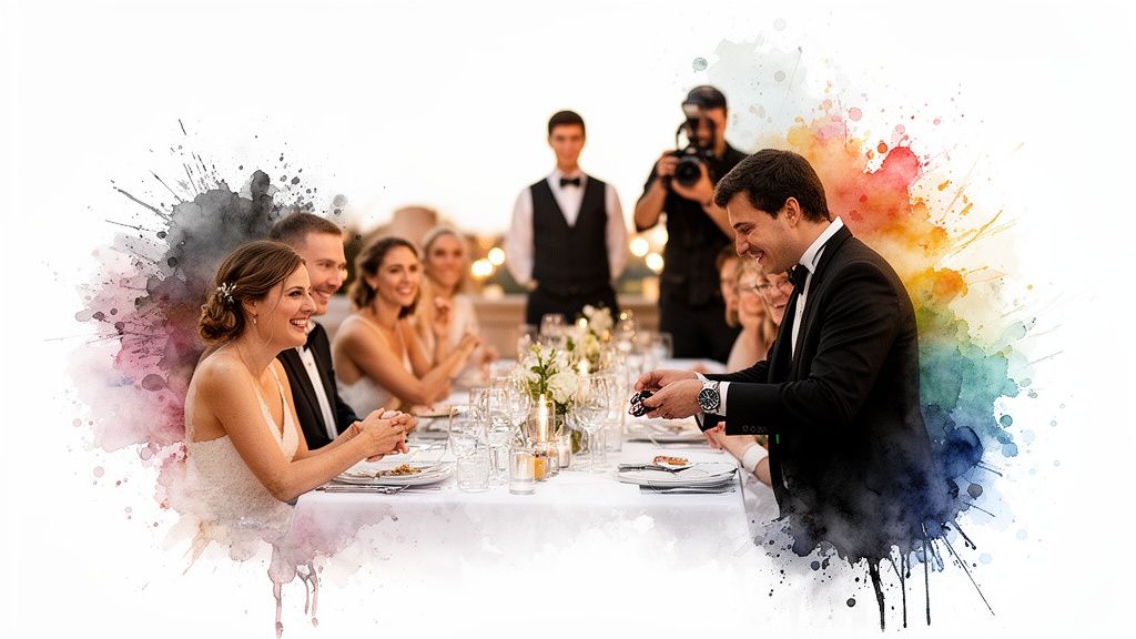Ein Zauberer unterhält eine lächelnde Braut und Hochzeitsgäste an einem festlich gedeckten Tisch.