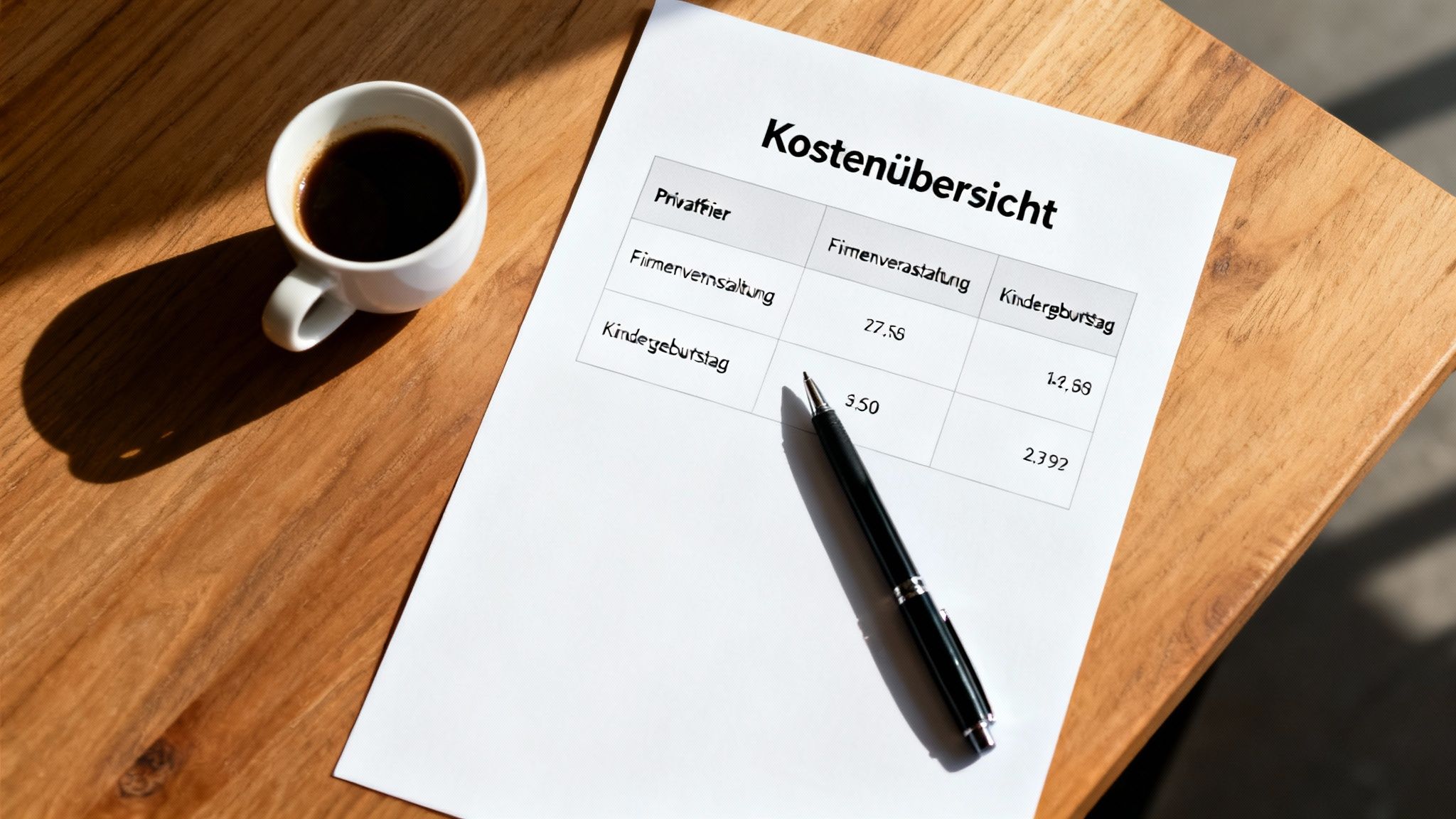 Kostenübersicht mit Tabelle, Stift und Kaffeetasse auf einem Holztisch. Eine Übersicht über verschiedene Kostenpunkte.