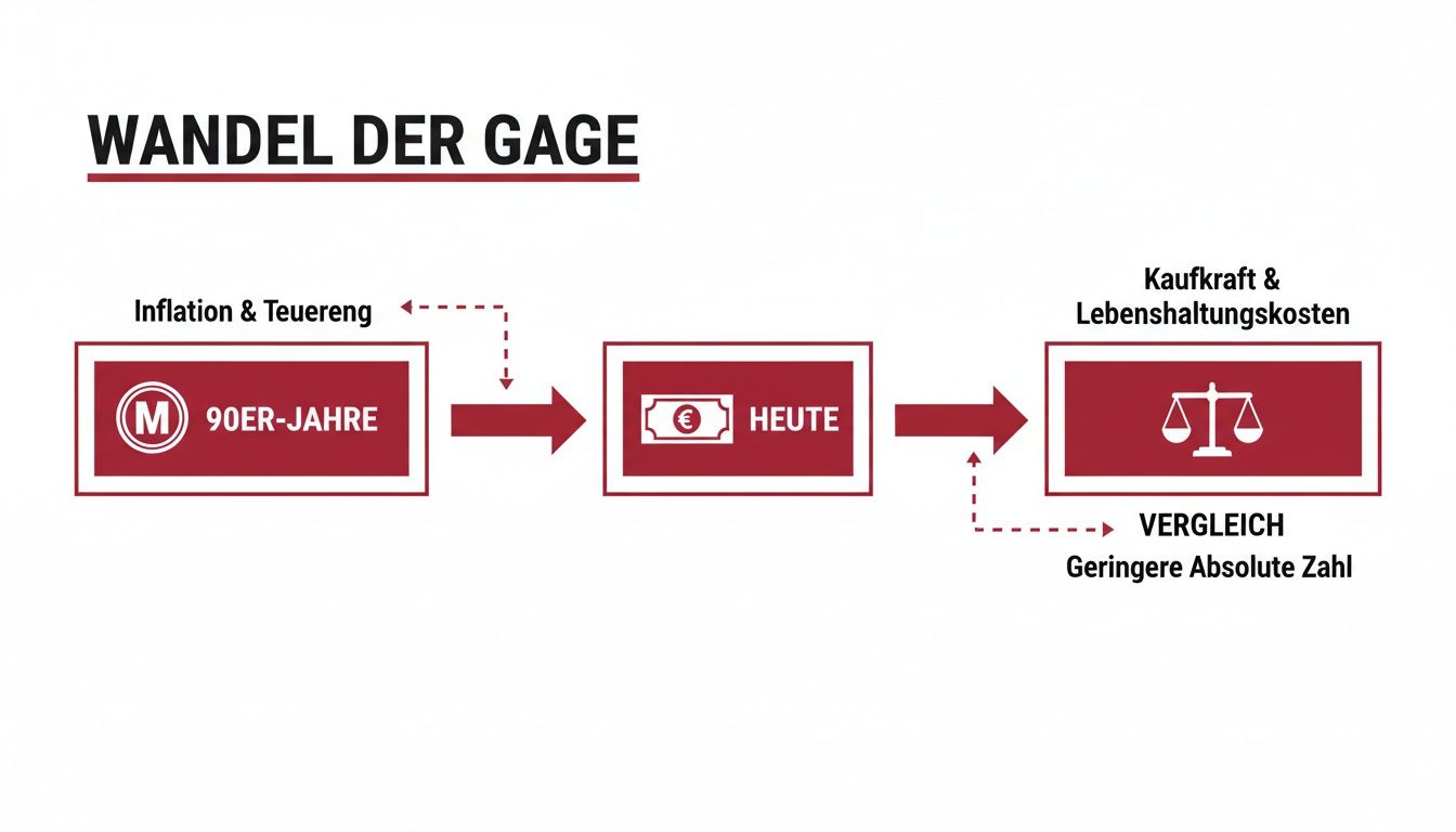 Infografik zum Wandel der Gage von den 90er-Jahren (D-Mark) bis heute (Euro), unter Berücksichtigung von Inflation, Kaufkraft und Lebenshaltungskosten.