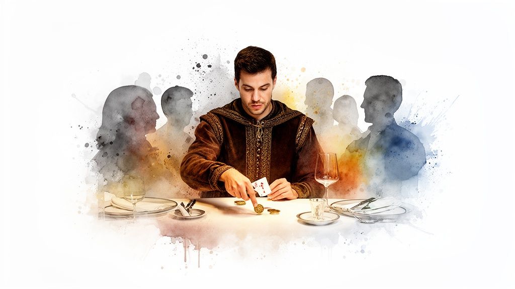 Mann in mittelalterlicher Kleidung spielt Karten und legt Münzen auf den Tisch, umgeben von aquarellierten Silhouetten.