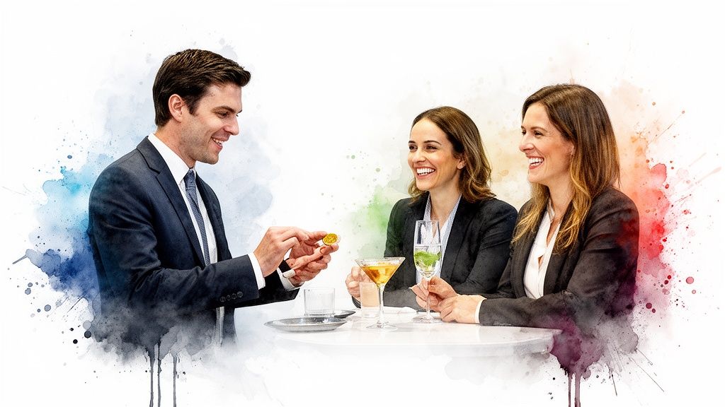 Ein lächelnder Mann zeigt zwei lachenden Frauen eine Goldmünze an einem Tisch mit Getränken, im Aquarell-Stil.