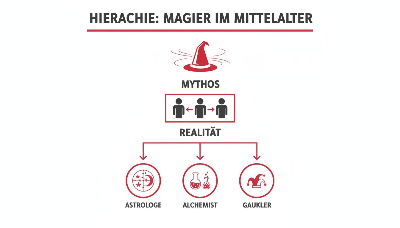 Hierarchiediagramm zu Magiern im Mittelalter: Mythos (Zaubererhut, drei Personen) gegenüber Realität (Astrologe, Alchemist, Gaukler).