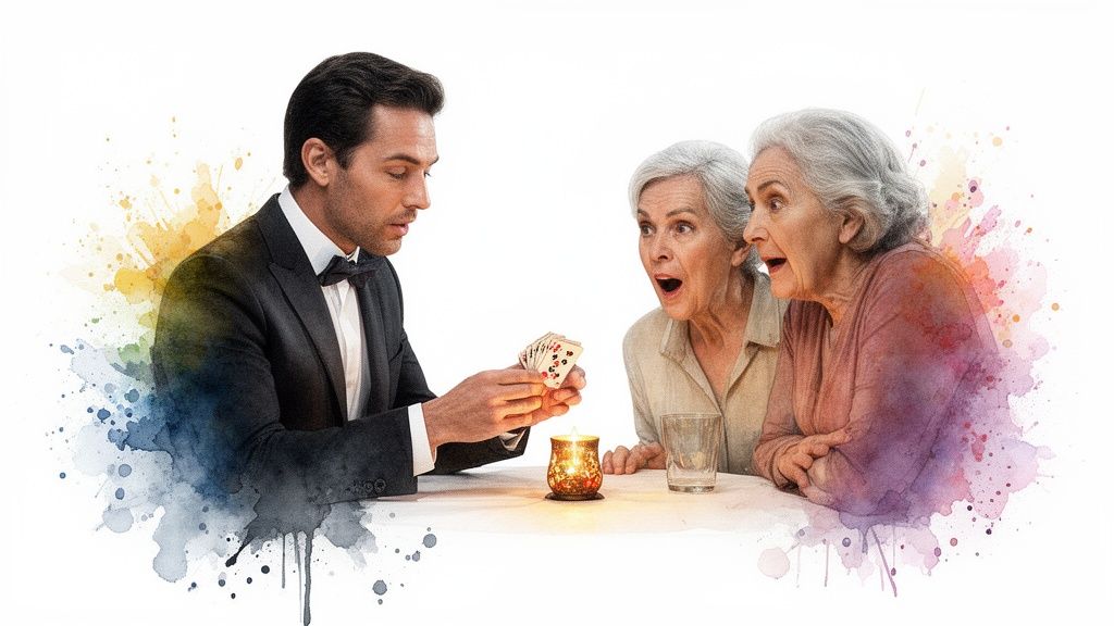Ein Magier zeigt zwei älteren, überraschten Frauen einen Kartentrick an einem Tisch mit Kerze, umgeben von Farbspritzern.