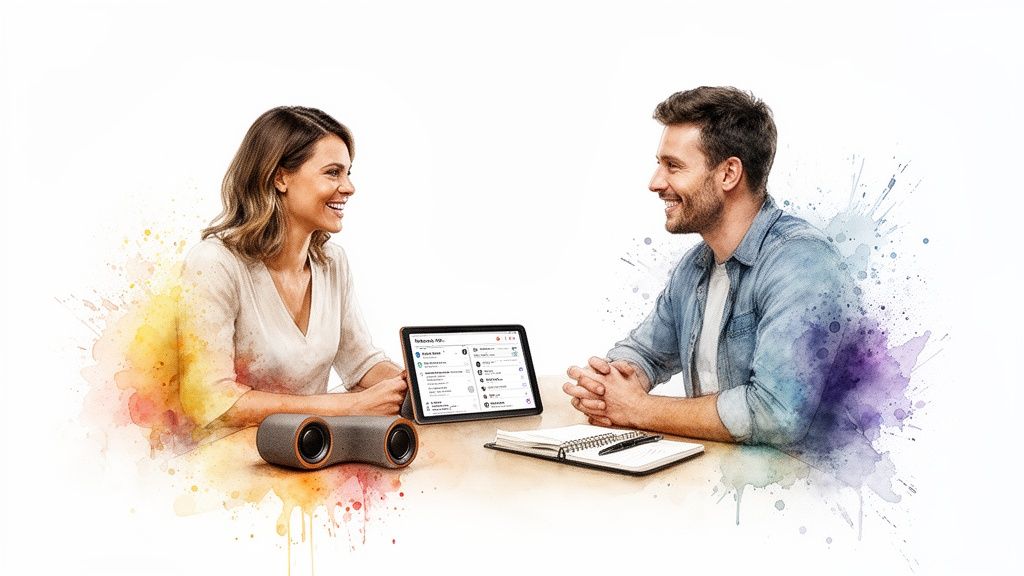 Ein lächelndes Paar sitzt an einem Tisch mit Tablet, Lautsprecher und Notizbuch, umgeben von Farbspritzern.