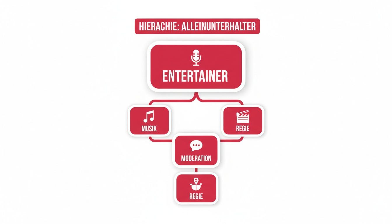 Hierarchiediagramm für Alleinunterhalter, das Entertainment-Bereiche wie Musik, Moderation und Regie aufzeigt.
