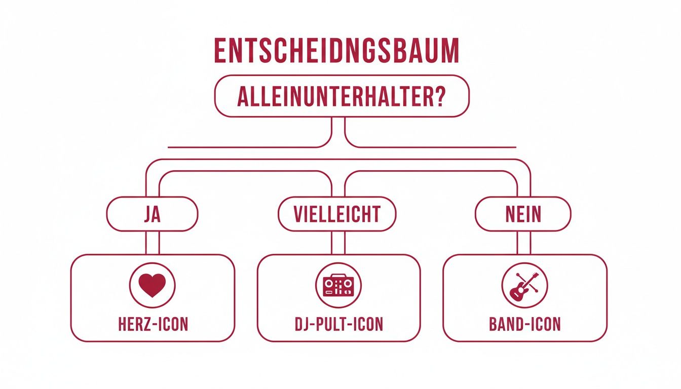 Entscheidungsbaum zum Thema Alleinunterhalter mit den Optionen Ja, Vielleicht und Nein, jeweils mit Icons.
