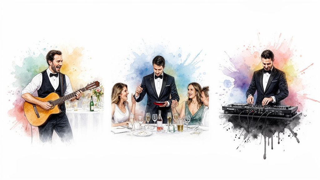 Drei Szenen: Gitarrist, Kellner serviert Gäste, DJ am Mischpult, alle mit Aquarell-Effekt.