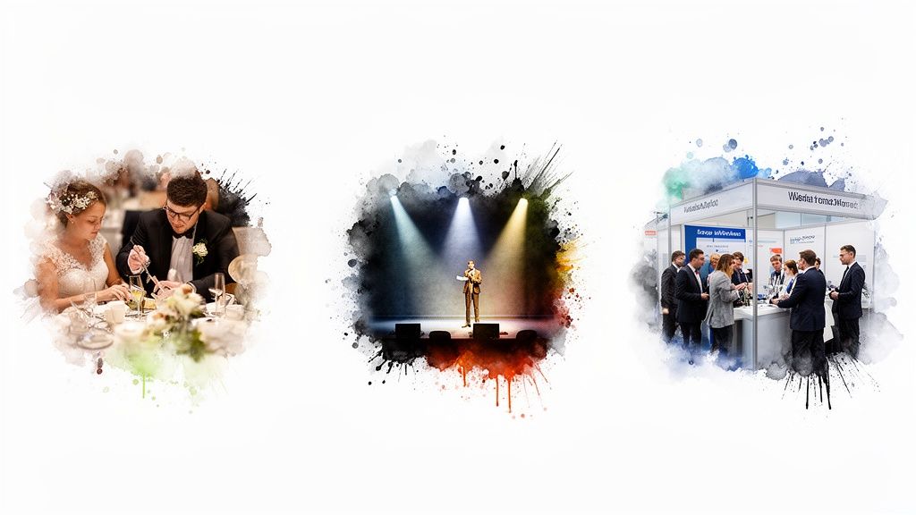 Drei Szenen: Hochzeitstafel, Redner auf der Bühne und Business-Networking am Messestand.