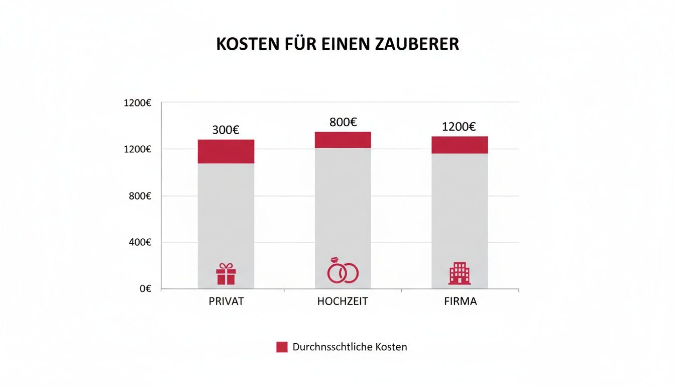 Balkendiagramm zeigt die durchschnittlichen Kosten eines Zauberers für Privat (300€), Hochzeit (800€) und Firma (1200€).