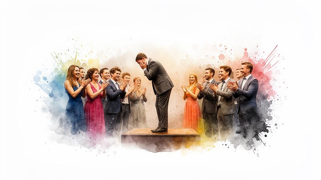 Ein Mann verbeugt sich auf einem Podest vor einer applaudierenden Gruppe von Männern und Frauen im Aquarell-Stil.
