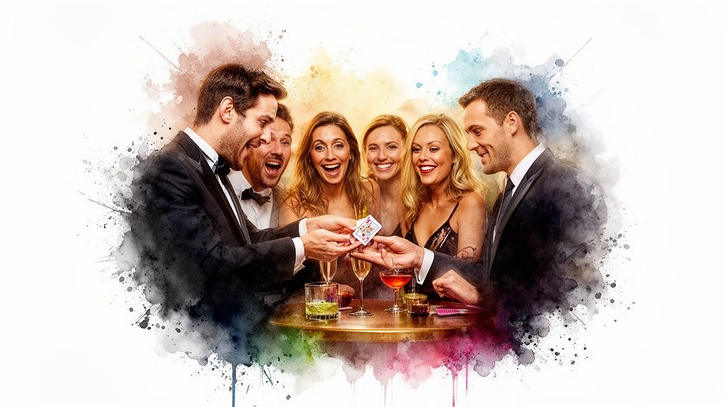 Glückliche Gruppe eleganter Gäste bei einer Veranstaltung, die einem Magier bei einem Kartentrick zuschauen.