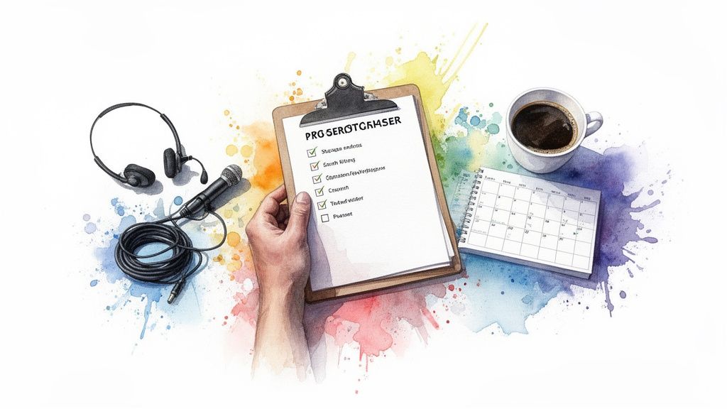 Hand hält Zwischenablage mit Checkliste, daneben Kopfhörer, Mikrofon, Kaffee und Kalender auf farbigem Hintergrund.