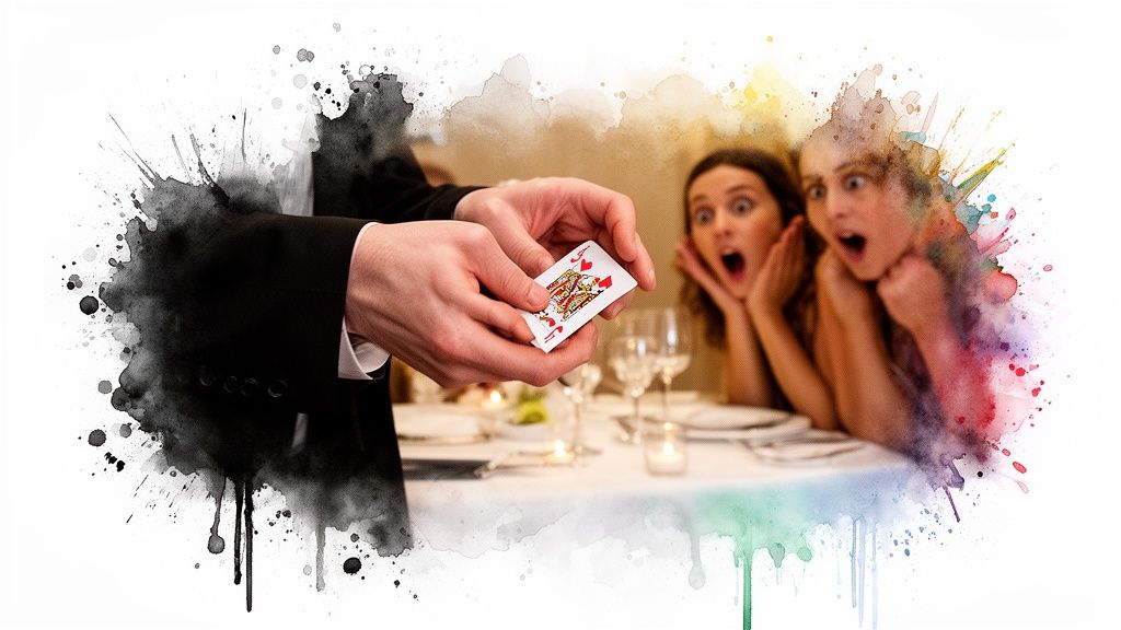 Nahaufnahme eines Zauberers, der eine Spielkarte vor staunenden Frauen an einem Tisch präsentiert, mit Aquarell-Effekt.