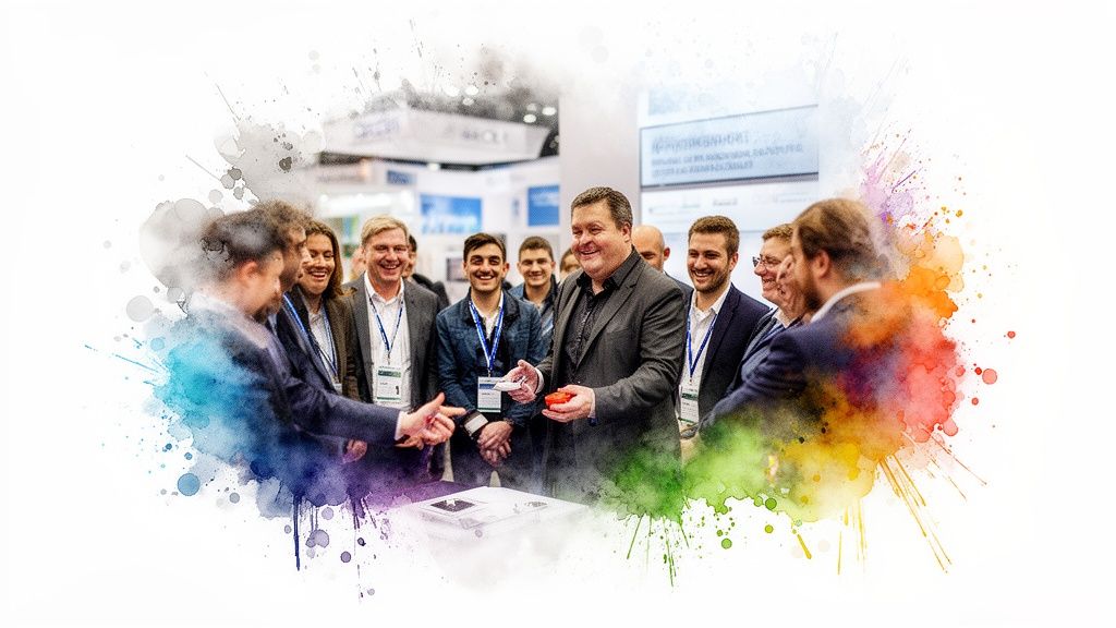 Eine Gruppe lächelnder Männer beobachtet einen Mann bei einer Close-up-Zaubervorführung auf einem Event.