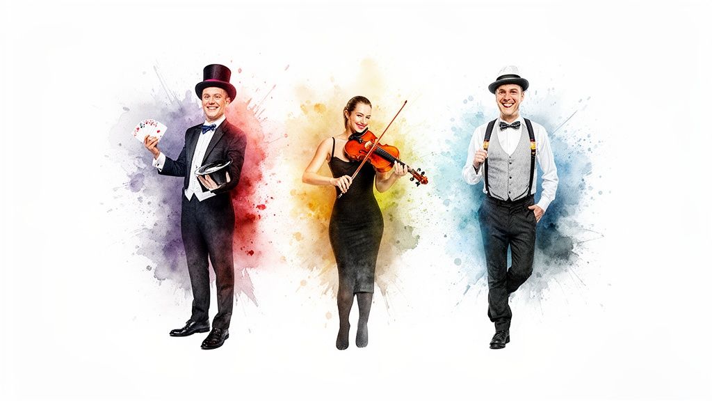 Drei fröhliche Künstler - ein Zauberer, eine Geigerin und ein Mann im Vintage-Outfit - vor farbigen Farbspritzern.