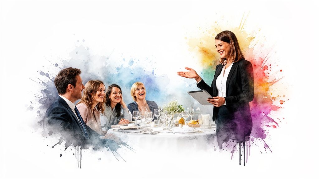 Geschäftsfrau präsentiert bei einem Event, während Gäste an einem festlich gedeckten Tisch zuhören.