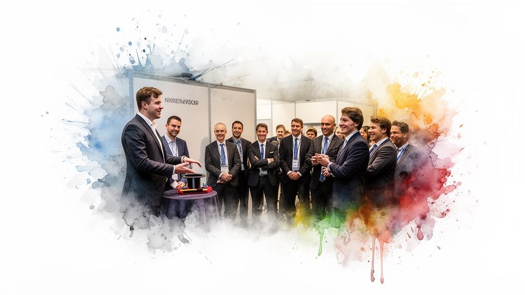 Ein Magier unterhält eine Gruppe von Geschäftsleuten in Anzügen bei einer Veranstaltung mit einem Huttrick.