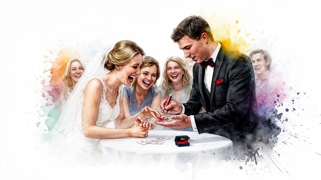 Magier unterhält lachende Braut und Gäste mit Zaubertrick bei Hochzeit.