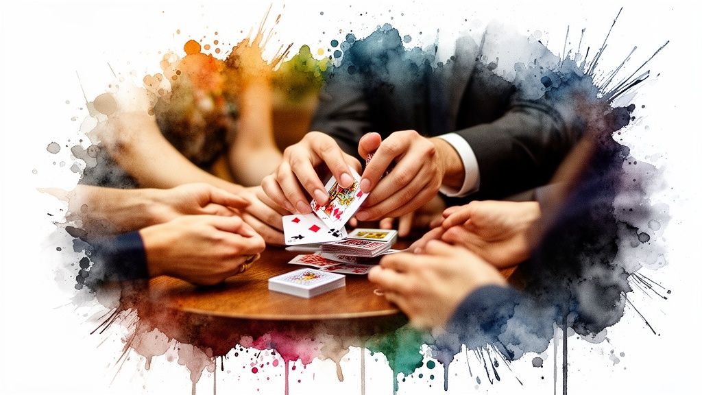 Hände beim Kartenspielen auf einem Holztisch, umgeben von einem bunten Aquarell-Spritzer-Effekt.