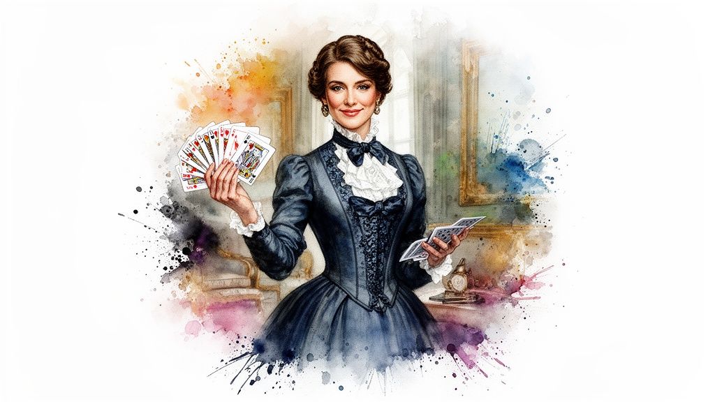Elegante Frau in viktorianischem Kleid präsentiert Spielkarten in einer ansprechenden Aquarell-Illustration.