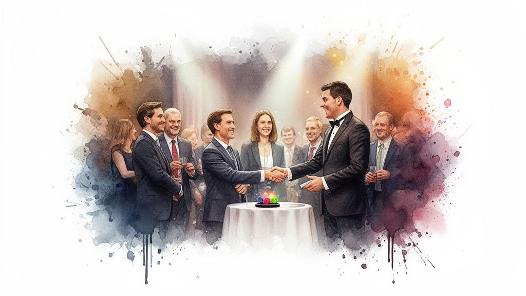 Geschäftsleute bei einem Event, zwei Männer schütteln sich die Hände über einem Tisch mit magischen Kugeln im Aquarell-Stil.
