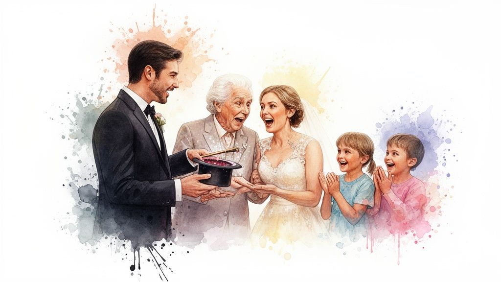 Ein Bräutigam führt bei seiner Hochzeit einen Zaubertrick mit Zylinder vor, während Familie begeistert zuschaut.