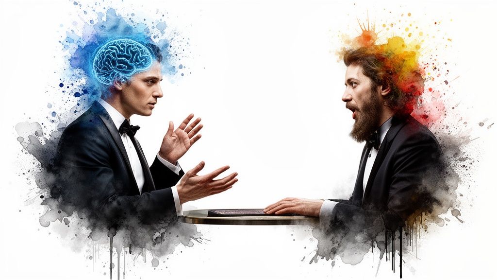 Zwei Männer in Anzügen debattieren: einer mit blauem, leuchtendem Gehirn, der andere mit farbiger Explosion.